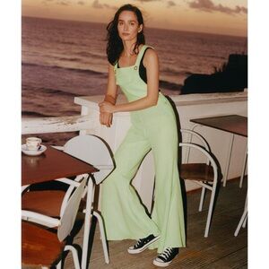 NEW Sleeper Baccara Linen Jumpsuit (Sz L) Bell Bottom Overalls Light Green Mint